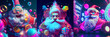 Leinwandbild Motiv Santa, 3d illustration, neon lights, holiday poster, background with lights, rendering, render art, collection, christmas vibe, crazy composition 