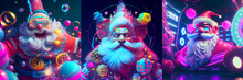 Santa, 3d Illustration, Neon Lights, Holiday Poster, Background With Lights, Rendering, Render Art, Collection, Christmas Vibe, Crazy Composition 