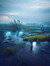 A 3d Digital Rendering Of Marsh With Blue Water And Will O' The Wisps.