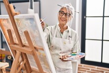 Middle Age Grey-haired Woman Artist Smiling Confident Drawing At Art Studio