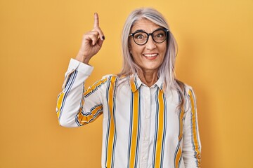 Canvas Print - Middle age woman with grey hair standing over yellow background wearing glasses pointing finger up with successful idea. exited and happy. number one.