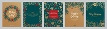 Christmas Card Set - Hand Drawn Floral Flyers. Lettering With Christmas Decorative Elements.