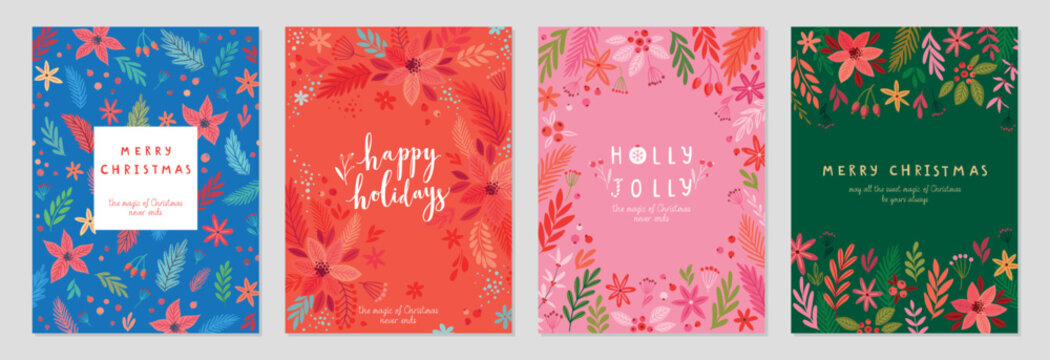 Fototapete - Christmas card set - hand drawn floral flyers. Lettering with Christmas decorative elements.