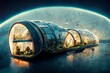 Leinwandbild Motiv Space expansion concept of human settlement in alien world with green plant as proof of life in space. Spectacular space colony glass dome habitat provide sustainable food. Digital art 3D illustration
