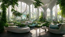 Futuristic Indoor Botanical Garden Spectacular Design 3D Illustration With Summer Floral And Foliage