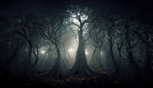 Dark Scary Forest Cursed By Witch Spell Spectacular 3D Illustration For Ghost And Halloween Black Magic Scene