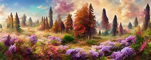 Fantasy Fabulous With Autumnal Pine Tree Forest. AI Generated Art Illustration