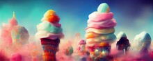 Fantasy Colorful Sweet Magical Landscape Of Ice Cream. AI Generated Art Illustration.