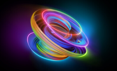 Wall Mural - 3d render, abstract neon background. Colorful twisted spiral glowing in the dark. Modern technological wallpaper