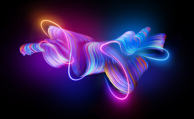 Wall Mural - 3d render. Abstract folded ribbon glowing with pink blue neon light. Creative brushstroke, fashion wallpaper with curvy lines