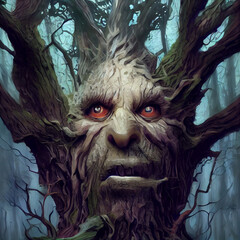 Wall Mural - Ai generated illustration of a spooky tree monster creature 