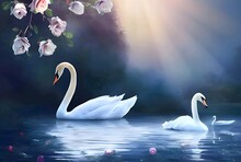 Swans On The Lake. Beautiful White Swan Swimming In Lake, Fantasy Magical Enchanted Fairy Tale Landscape With Rose Flowers.