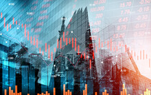 The Digital Indicators And Declining Graphs Of A Stock Market Crash Overlap The Backdrop Of A Modernistic City. Concept Of A Market Crash In Double Exposure.