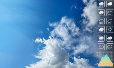 Wall Mural - weather forecast symbol data presentation with graph and chart on dramatic white clouds with bright 