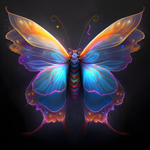 Neon Bright Portrait Of A Cute Butterfly In A Hand Drawn Style