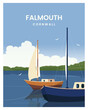 landscape of boat in Falmouth Harbour. travel to falmouth, cornwall. travel poster with flat style vector design.