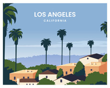 Los Angeles Sunset With Palm Trees Landscape Background. Travel To California, United States. Vector Illustration With Flat Style Suitable For Poster, Postcard, Card, Art, Print.