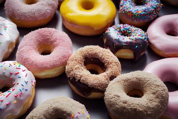 Poster - donuts with icing sugar, donut, food, sweet, dessert, cake, donuts, doughnut, chocolate, isolated, sugar, breakfast, white, pastry, snack, icing, baked, delicious, sprinkles, pink, unhealthy, bakery