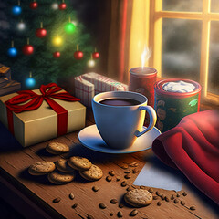 cup of coffee and cookies on Christmas morning