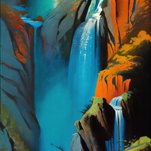 Majestic High Waterfall, Abstract Fantasy Sky Island Rocky Red Sandstone Cliffs - Fresh Clear Blue Water, Undisturbed And Unspoiled Nature Landscape, Meditate And Relaxing.