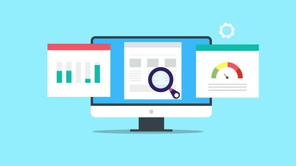 Website optimization seo data monitoring - page loading speed test, business website audit application concept. Video animation.