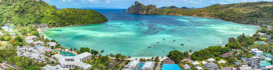 Aerial view of Ton Sai Beach in Koh Phi Phi, Krabi Thailand