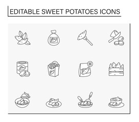 Wall Mural -  Sweet potato line icons set. Different types of potatoes.Superfoods. Vegetarian foods.Food concepts. Isolated vector illustrations. Editable stroke