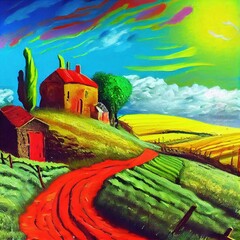 Sticker - Village and age old houses inspired from Tuscany region Florence, Italy. Rural farmlands, olive trees and vineyard - beautiful vibrant summer colors oil painting art 