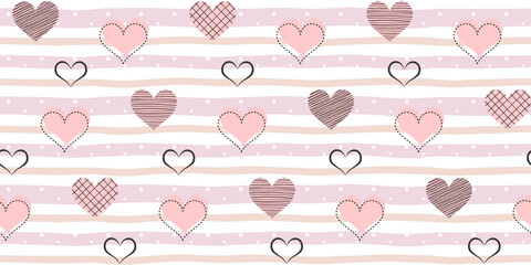 Black and pink hearts with different textures on a soft striped background with dots. Valentine`s day and wedding endless texture. Vector seamless pattern for wrapping paper, giftwrap, surface texture