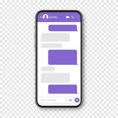 Realistic smartphone with messaging app. Blank SMS text frame. Conversation chat screen with violet message bubbles. Social media application. Vector illustration.