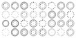 © 32 pixels - Mechanical clock faces with arabic numerals, bezel. Watch dial with minute, hour marks and numbers. Timer or stopwatch element. Blank measuring circle scale with divisions. Vector illustration