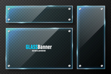 Realistic glass frames with metal holders. Blue transparent glass banners with flares and highlights. Glossy acrylic plate, element with light reflection and place for text. Vector illustration