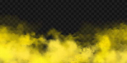 Canvas Print - Realistic yellow colorful smoke clouds, mist effect. Fog isolated on transparent background. Vapor in air, steam flow. Vector illustration.