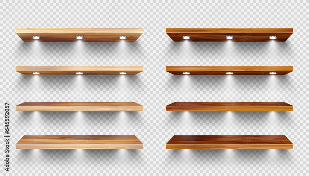 Realistic wooden store shelves with lighting, spotlights. Empty product ...