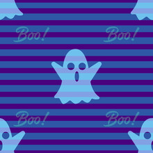 Blue Background With Purple Stripes Halloween Seamless Pattern Repeat Print Background. With Ghosts, Boo!. Vector Illustration. Great For Textiles, Wallpapers, Wrapping. Surface Vector Design.
