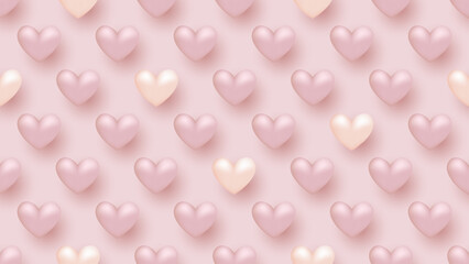 Seamless background with many realistic pastel pink and pearl white hearts on light pink background.