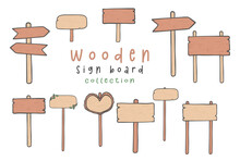 Collection Of Cute Wood Sign Board With Stick Pole Doodle Hand Drawn Vector