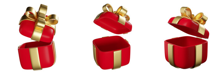 Wall Mural - icon 3d red gift box with gold ribbon bow set isolated on white background. 3d icon gift box for dec