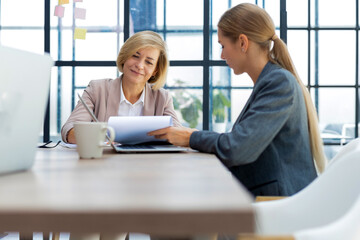 Wall Mural - Image of two business women working in the office with documents.