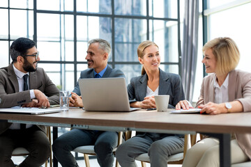 Poster - Business meeting - manager discussing work with his colleagues.