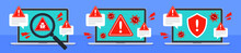 Computer Virus Attack On Laptop. System Security Threat Warning Alert. Cybercrime, Vulnerability, Or Antivirus Concept. Malware, Ransomware, Or Bug. Flat Cartoon Icon Vector. Technology Illustration.