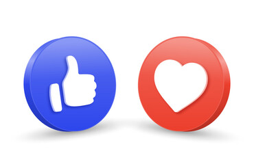 3d like icon button. thumb up icon, heart love icon , 3d social media notification icons in modern b