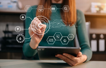 Wall Mural - Copyright or patent concept, Person hand using laptop computer, tablet and smartphone with virtual screen copyright icon trademark, Creation ownership against piracy.