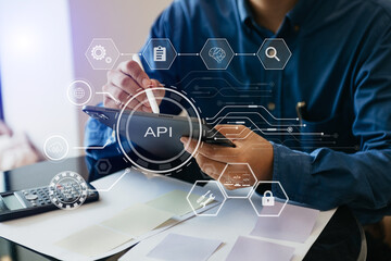api - application programming interface, woman using laptop, tablet and smartphone with virtual scre