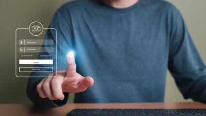 Selective focus at people hand while using smartphone to type password credential to login to Internet wireless connection at home. Network security of internet access into router with futuristic icon