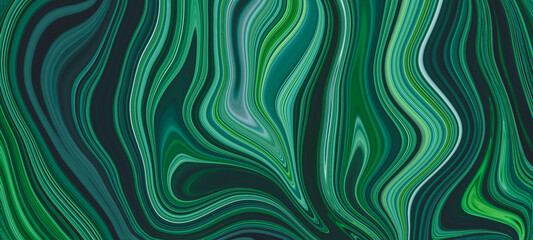 Green painted backdrop. Modern abstract art painting backgrounds. Paint flowing. Moving colorful lines. Liquid marble texture design, gradient surface, striped pattern. Ink waves. Vibrant wallpaper.