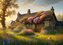 A Cozy Stone Village House On A Grass Field. Rural Beautiful Landscape With Flowers And Trees. Evening Sky With Clouds. Relaxing Scene. Digital Painting Illustration.