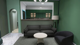 Fototapeta Przestrzenne - Modern kitchen interior with sofa and green wall color. 3D rendering