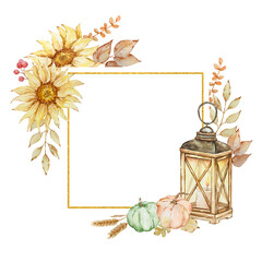 Autumn golden geometric frame made of watercolor lantern and pumpkins