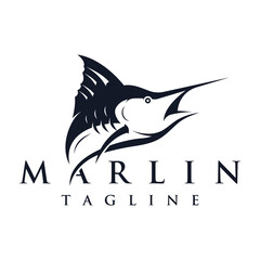 Wall Mural - Creative abstract logo design of swordfish or marlin fish silhouette. Marlin jumping on water.
